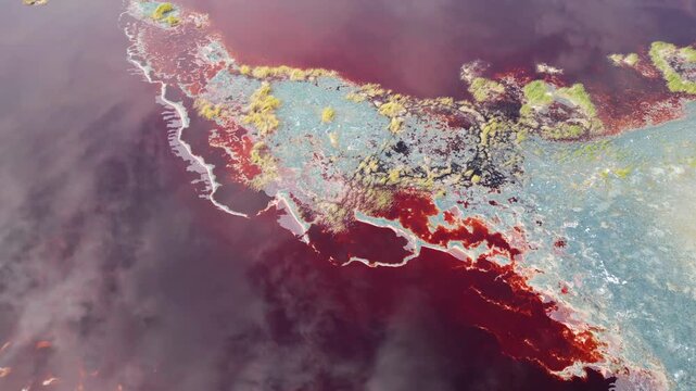 Aerial View of Crimson Salt Water and White Crusts at Ulan Lake, Tengger Desert, Inner Mongolia