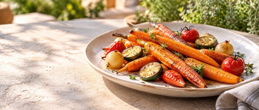 Roasted root vegetables on a sunlit terrace