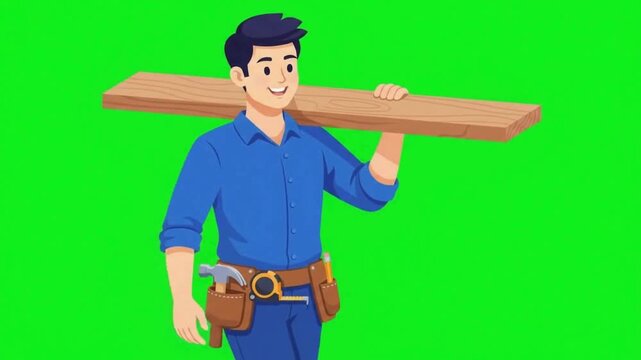 Worker with plank on green screen background with flat vector style