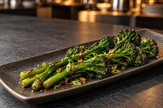 Charred broccolini with sesame seeds and red chili
