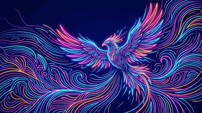Vibrant stylized phoenix bird composed of glowing neon lines in shades of pink purple and blue.