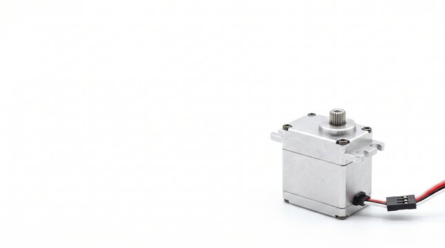 Close up of a small silver metal servo motor with a black wire connector on a white background
