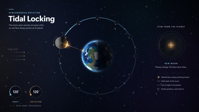 Tidal locking educational animation showing Moon keeping one face to planet during orbit