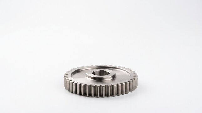 Close up of a single metal gear with teeth and a central hole on a clean white background