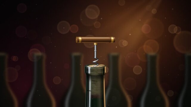 Classic metal corkscrew pulling cork out of a wine bottle against bokeh background loop