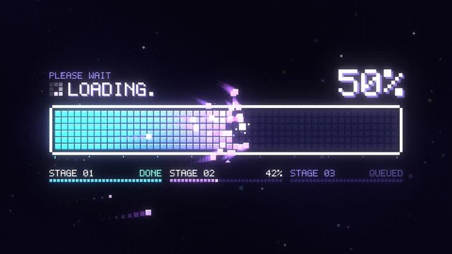 Retro Pixel Style Progress Bar Loading Animation with Neon Blocks Filling to Complete