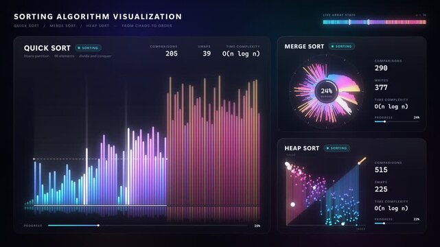 Sorting algorithm visualization dashboard with quick sort merge sort and heap sort neon charts