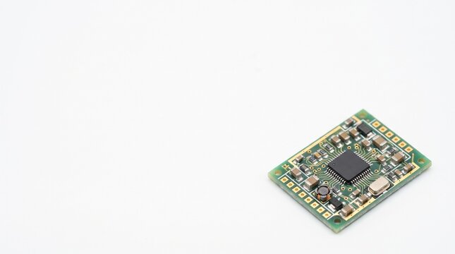 Close up of a small electronic circuit board with a black microchip and various components on a white background