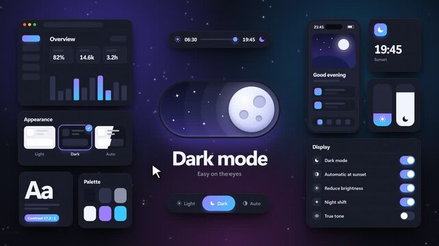Dark mode and light mode theme switch toggle animation with circular sun moon reveal in 4K loop