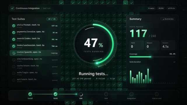 Continuous Integration Dashboard With Tests Passing Green Checkmarks And Progress Ring Animation
