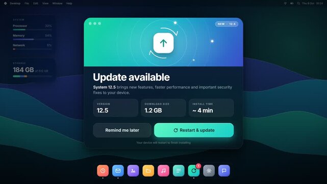 Desktop notification toast expands into system update popup with installing progress pill loop