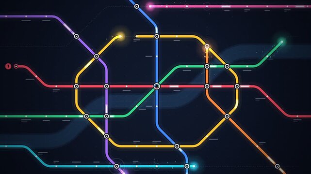 Metro subway transit map with colorful lines being drawn and stations appearing seamless loop