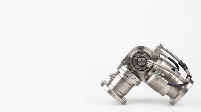 Precision Industrial Gearbox Mechanism with Flanges and Hydraulic Lines on White Background