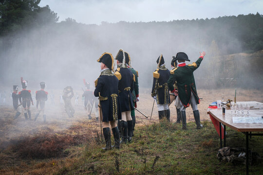 Smoke reaching the command post during a reenactment of the battle of Austerlitz by officer cadets, Guer, France