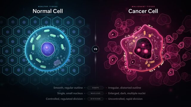 Normal Cell vs Cancer Cell Comparison Side by Side Medical Biology Animation