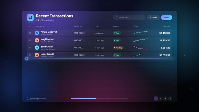 Dark glassmorphism dashboard data table rows appearing with slide up reveal animation in 4K loop