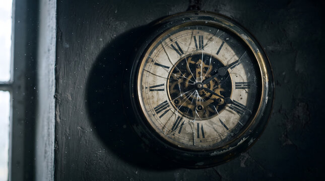 A dramatic close up shot of a vintage wall clock featuring cracked glass and visible mechanical gears. The aged timepiece hangs on a dark, dusty wall, symbolizing the passage of time, forgotten mem...