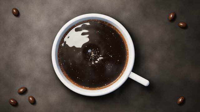 Top view of a white ceramic coffee mug with floating beans looping animation