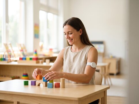 Special Education Teacher with Continuous Glucose Monitor CGM Sensor Preparing Wooden Learning Blocks in Bright Classroom