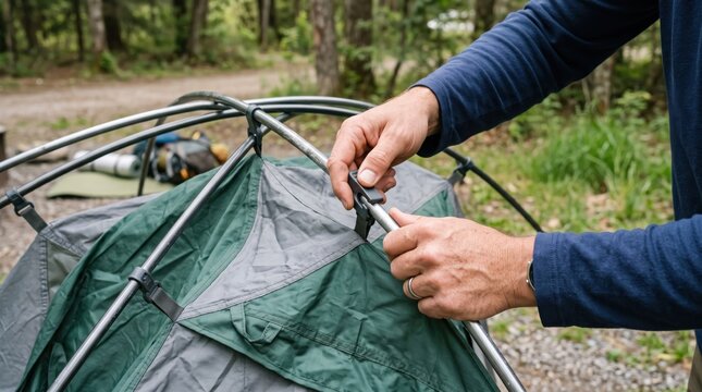 Middle aged man setting up a camping tent outdoors in a forest, assembling poles for a weekend outdoor adventure trip, camping equipment and gear concept