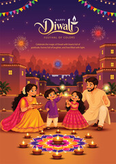Indian festival of lights Happy Diwali with happy family, holiday Background, Diwali celebration greeting card, vector illustration graphic design. © arun