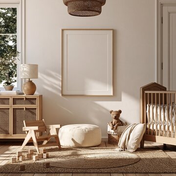 Cozy nursery room interior featuring a single blank poster frame, cute decor, soft colors and natural light.