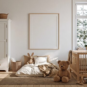 Cozy nursery room interior featuring a single blank poster frame, cute decor, soft colors and natural light.