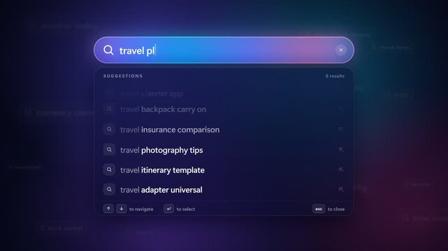 Futuristic Glassmorphism Search Bar UI Animation with Autocomplete Suggestions and Seamless Keyboard Navigation