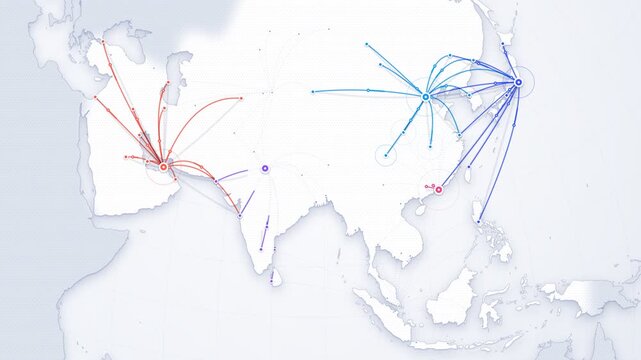 Clean Minimal Map Of Asia With Hub And Spoke Route Connection Lines And City Markers