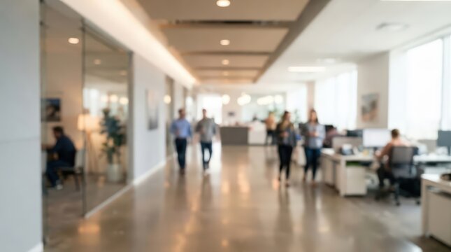 Blurred office hallway background with walking business people in a modern corporate workspace, featuring out of focus interior design, bright lighting, and professional atmosphere.