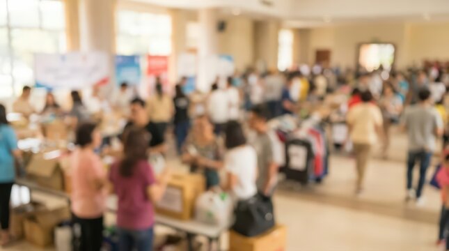 Blurred crowd background photo of a busy indoor event with people walking and interacting in a large hall, featuring soft focus bokeh and bright natural lighting for commercial use