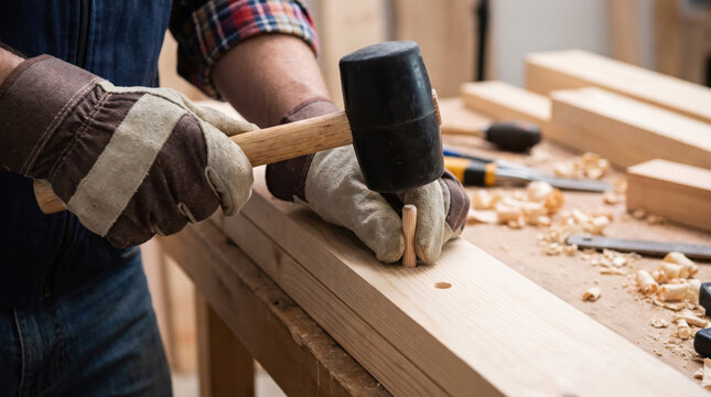 Middle aged male carpenter using rubber mallet to insert wooden dowel into timber piece in workshop, demonstrating precision woodworking and joinery techniques for craft project