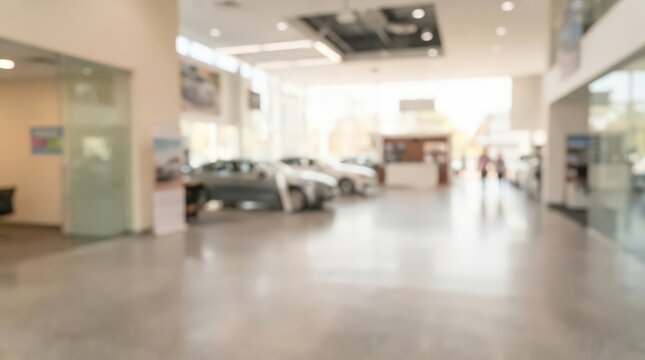 Car dealership showroom interior blurred background for automotive marketing and sales presentation with bright modern architecture and copy space for commercial advertising design