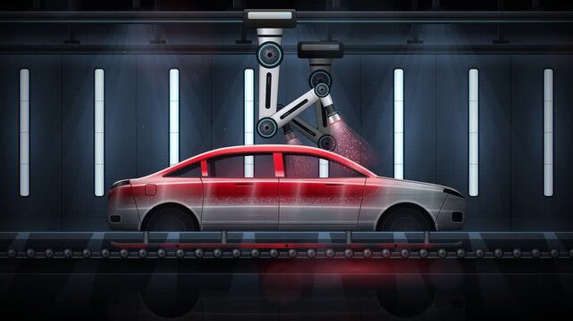 Automated robotic arm painting a silver car chassis with glossy red finish in factory