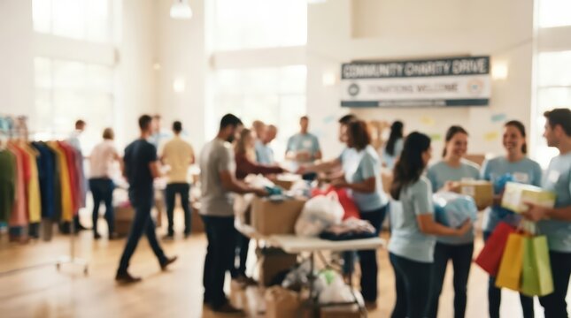 Community charity drive event photo with volunteers organizing donations in a bright indoor hall, showing people working together to support local humanitarian aid efforts and outreach.