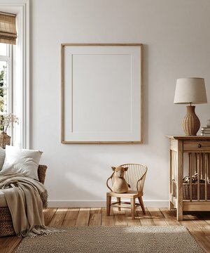 Cozy nursery room interior featuring a single blank poster frame, cute decor, soft colors and natural light.