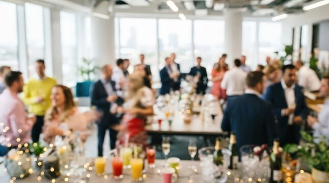 Corporate office party background with blurred people networking and drinks on a table, professional business event atmosphere with bokeh lights and bright modern interior space