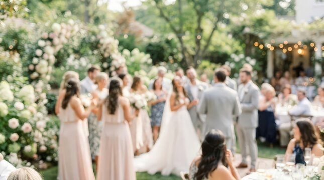 Wedding reception background photo with blurred guests and bridal party in a garden setting, featuring soft bokeh lighting and romantic outdoor atmosphere for event celebration concepts