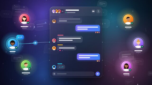 Group chat messenger animation with six people avatars typing and sending message bubbles with emoji reactions