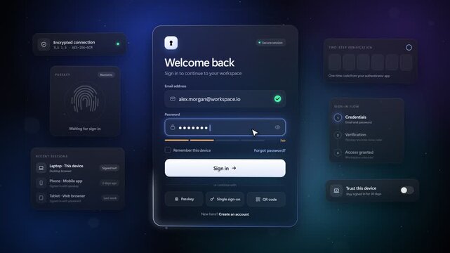 Modern Dark Glass UI Login Screen With Fingerprint Verification And Success Animation