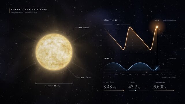 Cepheid variable star pulsation cycle infographic with astronomical data graphs in deep space