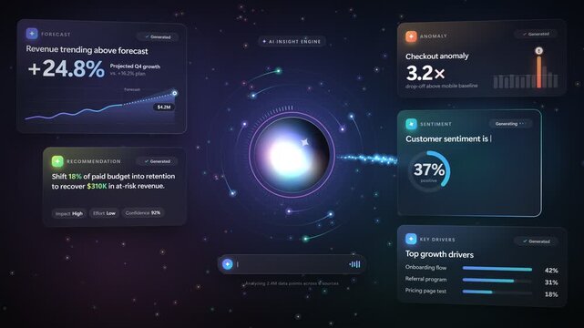AI insight cards generated by glowing core with data streams and metrics on futuristic glass dashboard in 4k loop