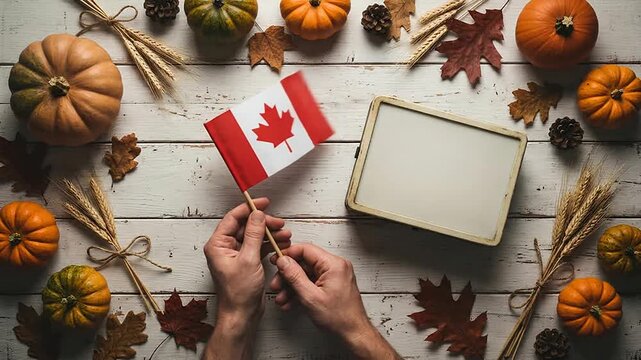 Hands holding national flag on rustic autumn table with pumpkins and leaves