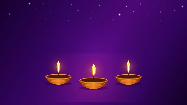 three glowing golden diya oil lamps with bright flames and sparkling stars on purple diwali festival background 4k, Diwali greeting videos, festival advertisements, social media posts, Indian cultural