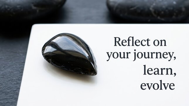Smooth black stone on white surface with inspirational quote about journey and evolution