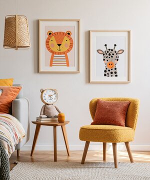 Cozy nursery room interior with playful furniture, cute toys, soft colors and blank wall art frames.