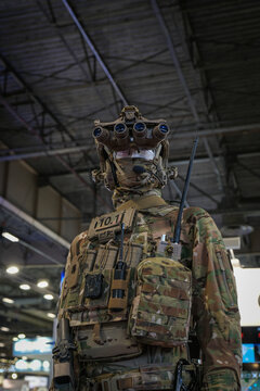 Full infantry soldier equipment system seen from below at a defence trade fair near Paris, France