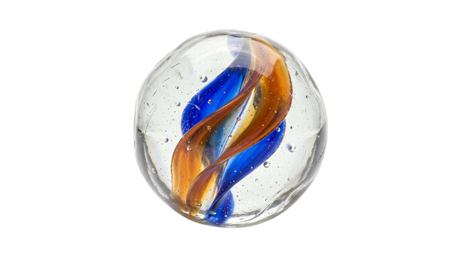 Vintage glass marble with blue and orange swirl, clear glass sphere macro, isolated classic toy ball on white background