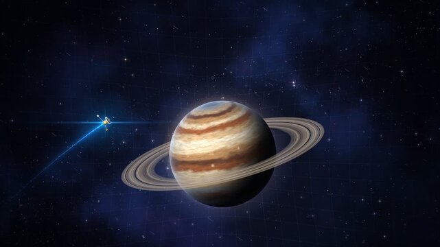 Space probe performing gravity assist slingshot maneuver past gas giant planet with bright energy trail