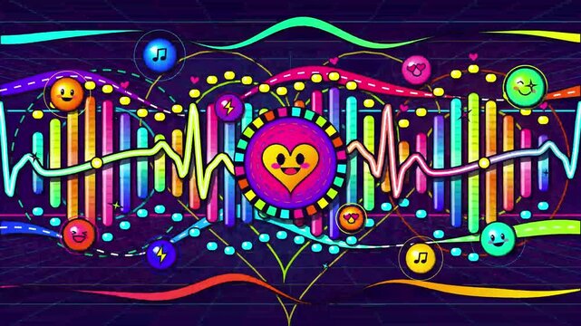 Vibrant music equalizer with hearts and emojis for all the feels